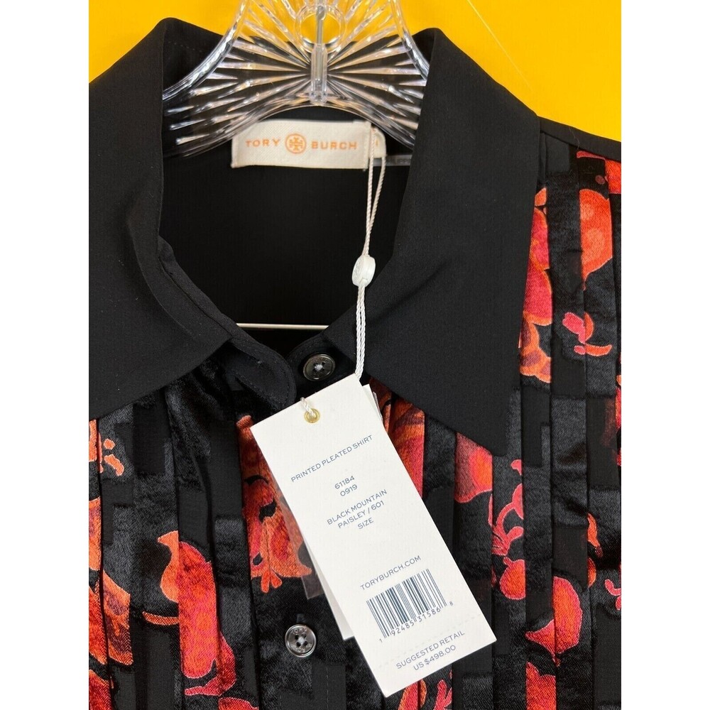 Tory Burch Printed Pleated Shirt Womens 00 Black Red Paisley Button Up $498 NWT - Picture 6 of 11